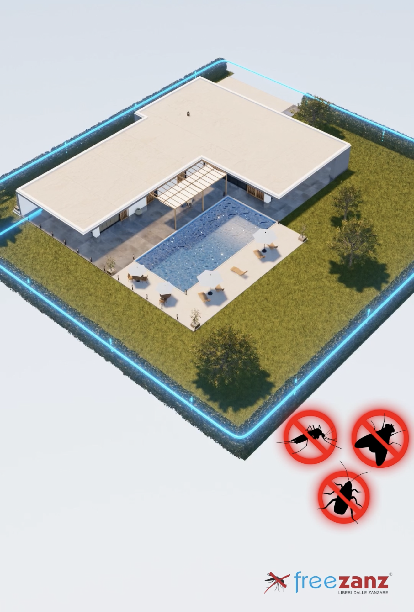 Sistema Freezanz per la protezione perimetrale antizanzare di giardino e piscina